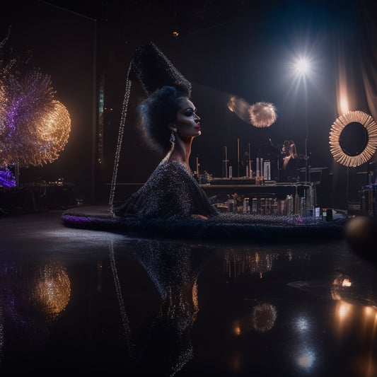 A mesmerizing, dark-lit dance studio with a spotlight shining on a dancer's face, surrounded by makeup brushes, palettes, and mirrors, with glittering eyeshadow particles swirling around their head.