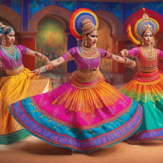 Vibrant illustration of dancers in traditional attire from around the world, surrounded by intricate patterns and cultural symbols, showcasing diverse dance forms in a dynamic, swirling motion.