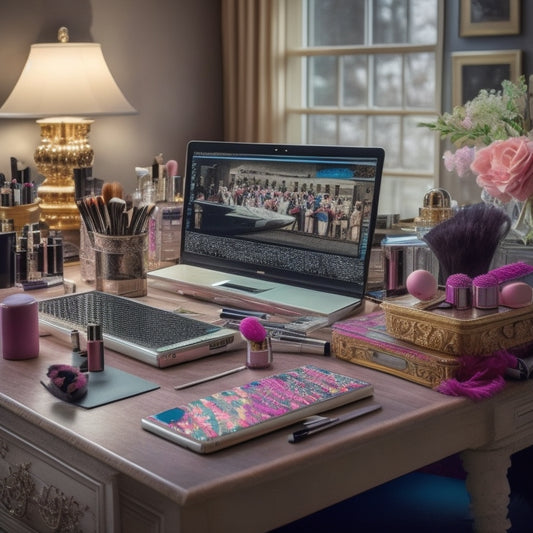 A cluttered vanity with makeup brushes, palettes, and mirrors surrounded by laptops, tablets, and smartphones, with a dance-inspired background featuring ballet shoes or a tutu.