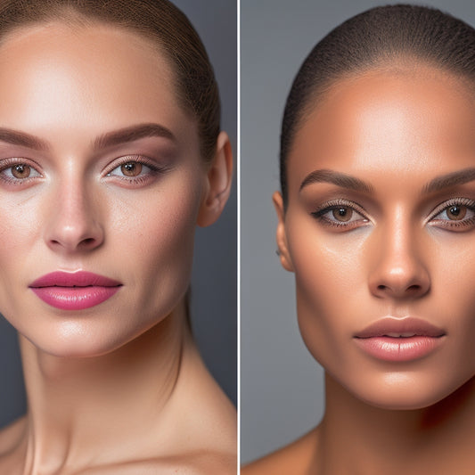 A split-screen image: On the left, a dancer's face with cakey, uneven foundation and visible pores; on the right, the same dancer with smooth, flawless, and radiant skin.