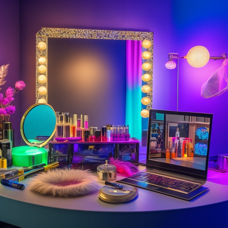 A glamorous, spotlight-lit makeup station with a vanity mirror, colorful makeup palettes, and a laptop open to an online course webpage, surrounded by dancing-themed props like ballet shoes and feather boas.