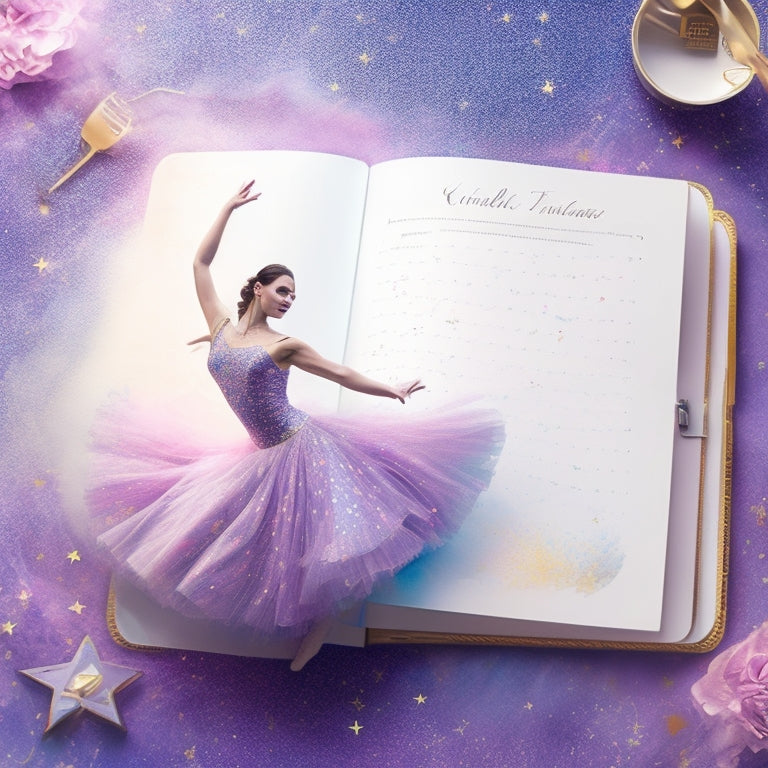 A whimsical illustration featuring a delicate watercolor dancer twirling amidst swirling patterns of pastel colors, surrounded by scattered planner pages and a few subtle, shimmering stars.