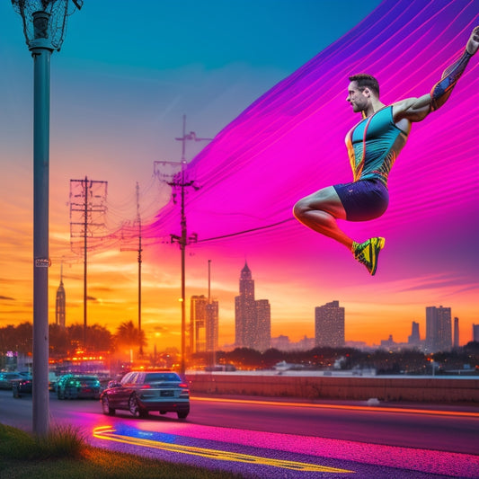 A vibrant illustration depicting a fitness enthusiast dancing on top of a power pole, surrounded by swirling energy lines, with a cityscape background at sunset, infused with neon lights and dynamic movement.