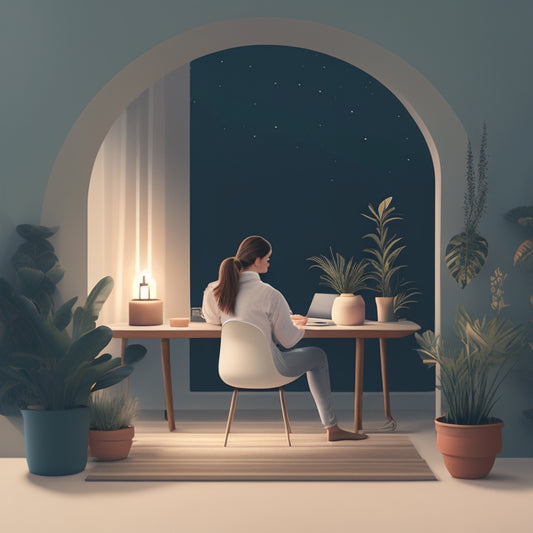 A serene, minimalist illustration featuring a person sitting comfortably in a peaceful, nature-inspired environment, surrounded by calming elements like candles, plants, and a laptop with a calming digital background.