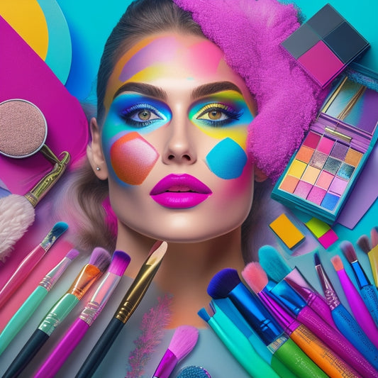 A whimsical illustration of a person surrounded by colorful makeup brushes, palettes, and swatches, with a giant coloring book page in the background featuring a face with blank features.