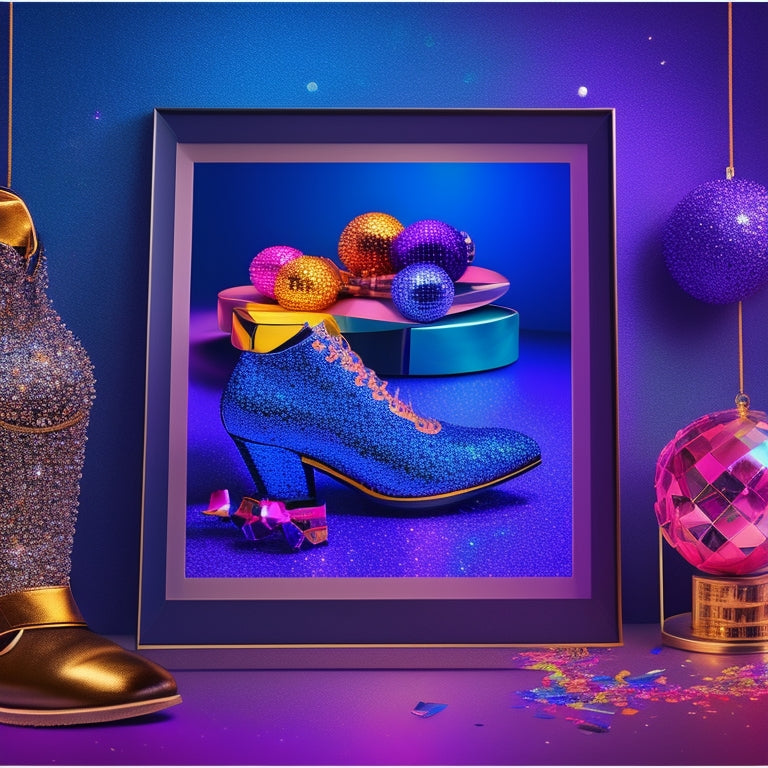 A vibrant, colorful illustration featuring a pair of dancing shoes, a glittering disco ball, and confetti surrounding a blank, ornate invitation frame, all set against a dark blue or purple background.