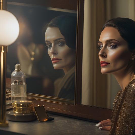 A dimly lit, luxurious dressing room scene with a vanity mirror reflecting a beautiful woman's face, surrounded by makeup brushes, palettes, and cameras, with soft, golden lighting and subtle shadows.