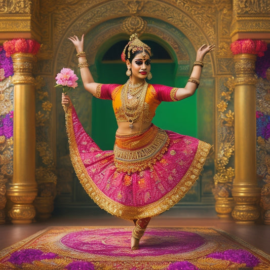 A colorful illustration of a Bharatanatyam dancer in motion, surrounded by ornate Indian-inspired frames, flowers, and subtle mandalas, set against a warm, golden background with intricate patterns.