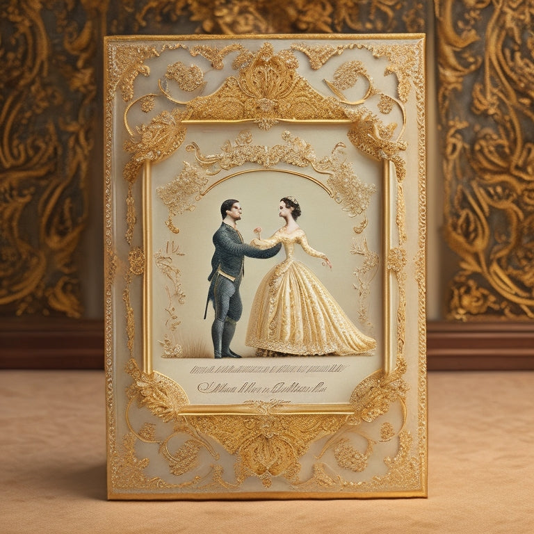 An ornate, ivory-colored dance card with gold filigree borders, adorned with a delicate, hand-drawn illustration of a Regency-era couple waltzing, surrounded by subtle floral motifs and intricate scrollwork.