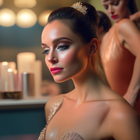 A ballerina, spotlight on her face, wearing a flawless makeup look, with 5 makeup products subtly placed in the background, amidst a dimly lit dance studio with a grand piano.