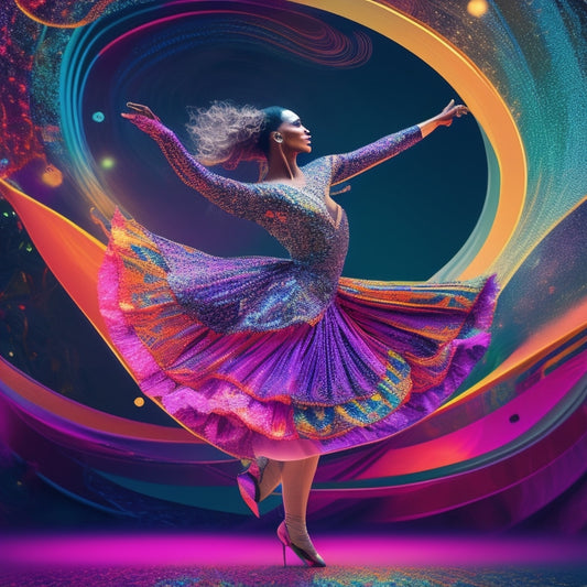 A stylized illustration of a dancing figure surrounded by swirling digital code, with vibrant colors and abstract shapes, blending traditional dance movements with futuristic digital elements.