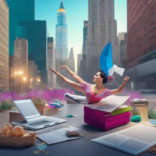 A whimsical illustration of a dancer surrounded by scattered papers, pencils, and a laptop, with a subtle cityscape background, conveying a sense of creative organization and inspiration.