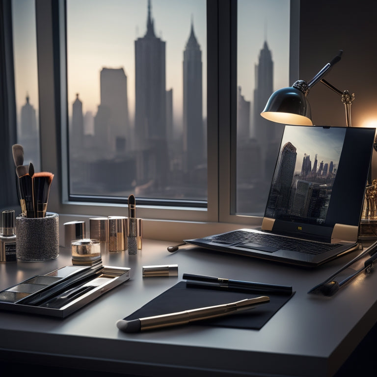 A sleek, modern desk with a laptop, smartphone, and tablet, surrounded by makeup brushes, palettes, and a mirror, with a blurred cityscape background and soft, natural lighting.