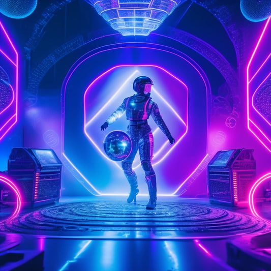A futuristic, neon-lit stage with a performer wearing a sleek, high-tech exosuit, surrounded by swirling holographic lights and levitating digital orbs, amidst a backdrop of circuit board patterns.