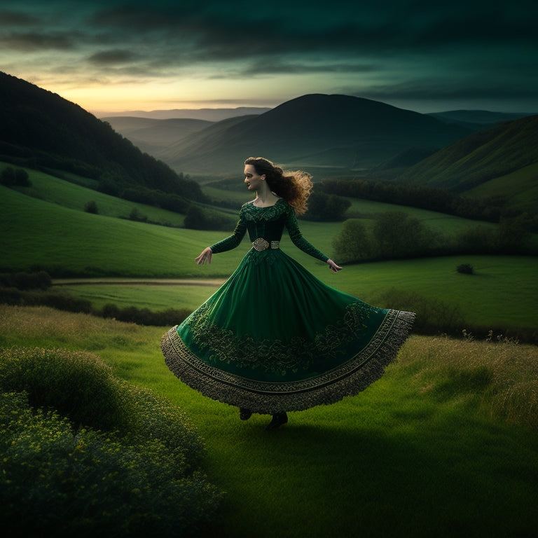 A whimsical illustration of a traditional Irish dance scene at dusk, featuring a solo dancer in a flowing green dress, surrounded by Celtic knotwork patterns and misty rolling hills.