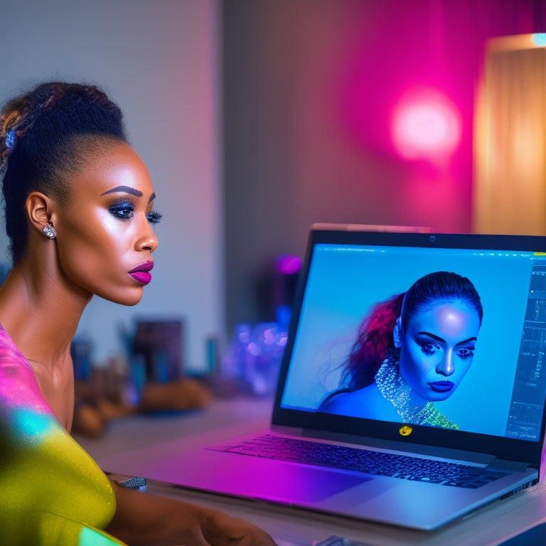 A young adult, surrounded by mirrors and dance studio equipment, sits in front of a laptop with a virtual dance instructor on the screen, wearing a bold, colorful makeup look.