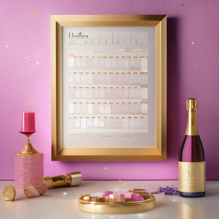 A elegant, gold-framed calendar with colorful sticky notes and a few strategically placed champagne bottles and confetti, set against a soft, creamy background with subtle party lights twinkling.