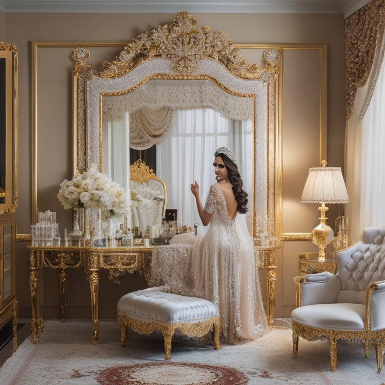 A luxurious, velvet-draped dressing room with a ornate, gold-framed mirror, a elegant, crystal-encrusted makeup station, and a beautiful, lace-veiled bride sitting in a plush, white armchair.