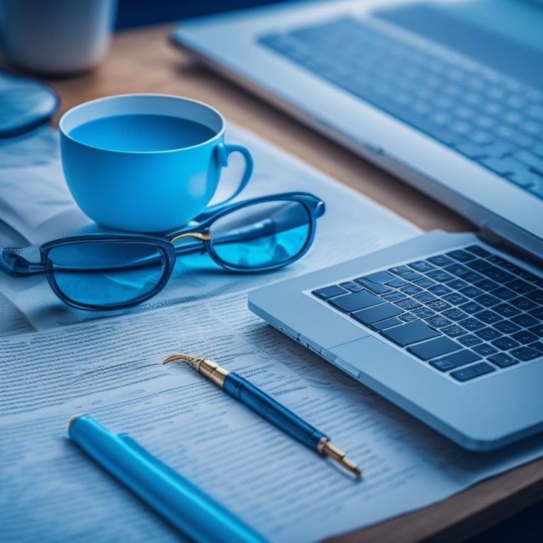 A magnifying glass hovering above a laptop keyboard, surrounded by scattered papers with scribbled notes, with a subtle background gradient of shades of blue, evoking a sense of discovery and investigation.