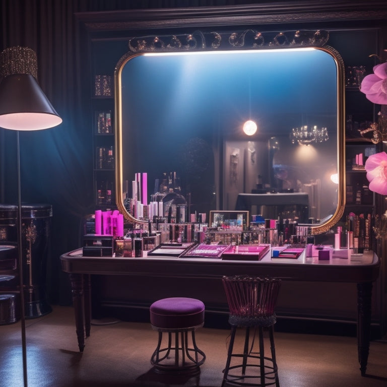 A glamorous, dimly lit makeup station with a vanity mirror, surrounded by various makeup products and brushes, with a dancer's pointe shoes and a few dance costumes in the background, spotlight shining down.