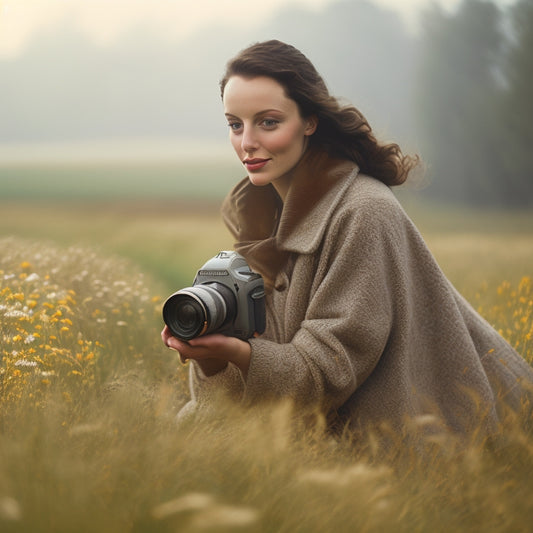 A serene, misty morning scene with a photographer, dressed in earth tones, kneeling in a lush green meadow, capturing a candid portrait of a young woman with a gentle, enigmatic smile.