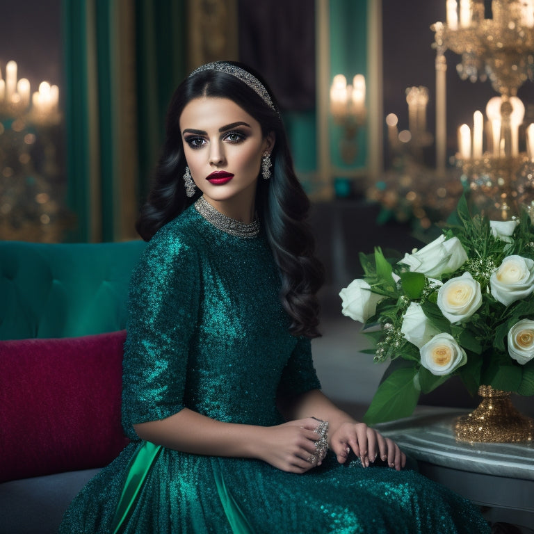 A sparkling, dark-haired teenage girl in a fitted, floor-length emerald green gown, surrounded by glittering makeup, jewels, and a bouquet of white roses, posing in front of a lavish, dimly lit ballroom backdrop.