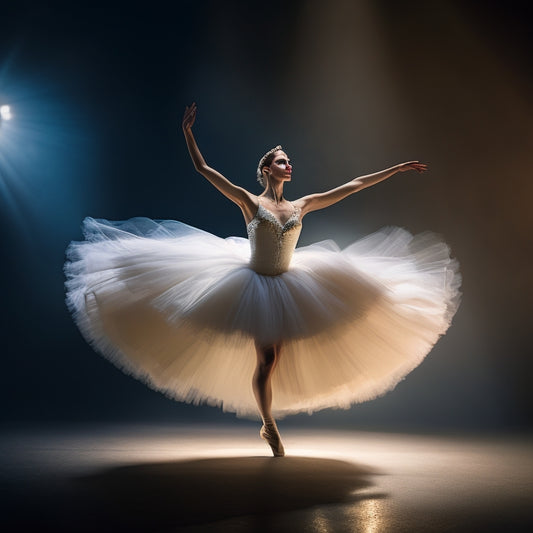 A spotlight-illuminated dancer in mid-pirouette, with a radiant nose glowing like a small moon, against a darkened stage backdrop, surrounded by blurred, whirling tutu and outstretched arms.