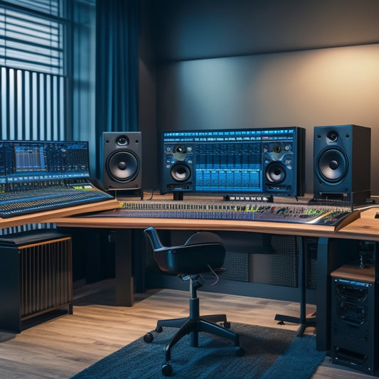 An image featuring a sleek, modern recording studio with a mixing console, headphones, and a digital audio workstation screen displaying a waveform, surrounded by scattered music sheets and cables.