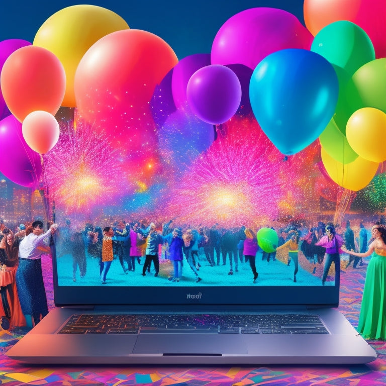 A vibrant, colorful illustration depicting a laptop surrounded by dancing silhouettes, confetti, and balloons, with a cityscape or stage lights blurred in the background.