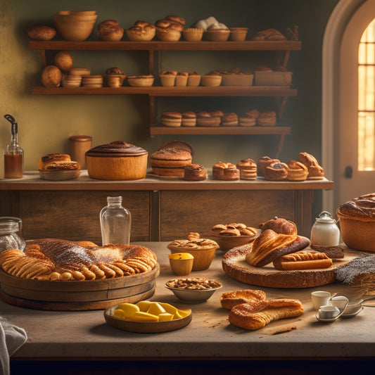 A warm, golden-lit bakery scene with a wooden mixing table center stage, surrounded by mixing bowls, utensils, and baking ingredients, with a few perfectly arranged pastries and cakes on display.