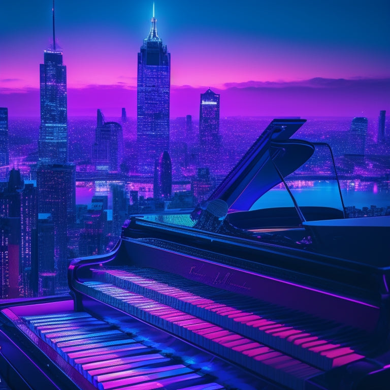 A vibrant, neon-lit cityscape at dusk, with a grand piano keyboard stretching across the horizon, surrounded by swirling musical notes and jazz-inspired shapes in shades of blue and purple.