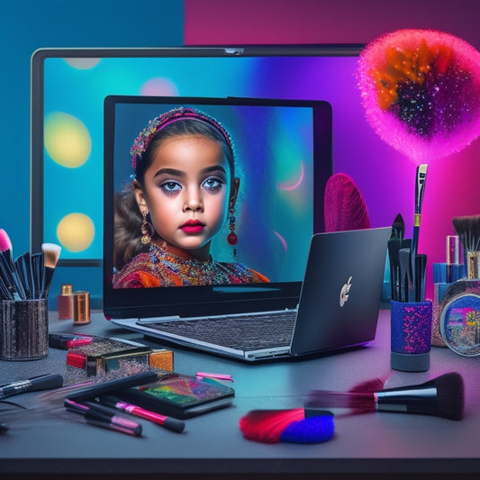 A colorful illustration of a young girl, surrounded by makeup brushes, mirrors, and dance costumes, with a laptop open to a YouTube page in the background, showcasing a tutorial on screen.