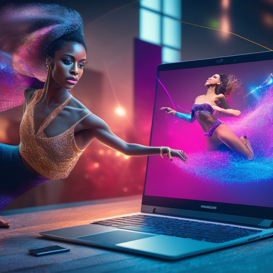 A stylized illustration of a dancer in motion, surrounded by musical notes and waveform patterns, with a laptop or tablet in the background, showcasing editing software interfaces.