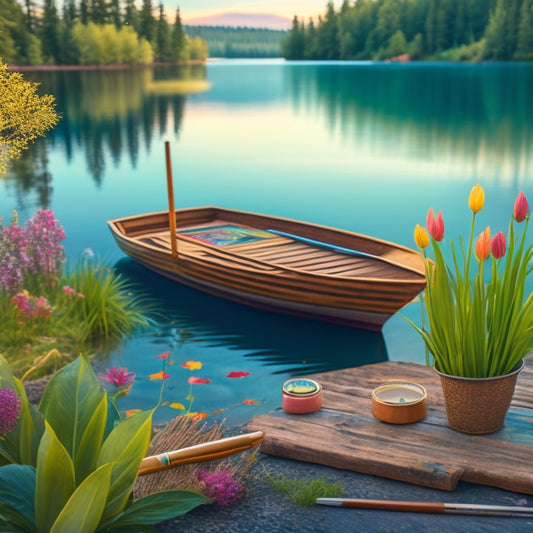 A whimsical illustration featuring a serene lake scene at dawn, with a single wooden dock stretching into the calm water, surrounded by lush greenery and vibrant wildflowers, with a few scattered paintbrushes and art supplies nearby.