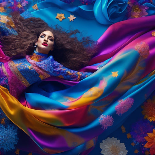 A whimsical illustration of a dancer surrounded by swirling patterns of colorful scarves, ribbons, and flowers, with musical notes and stars floating around, against a vibrant, gradient-blue background.