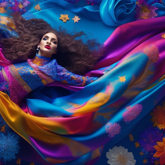 A whimsical illustration of a dancer surrounded by swirling patterns of colorful scarves, ribbons, and flowers, with musical notes and stars floating around, against a vibrant, gradient-blue background.