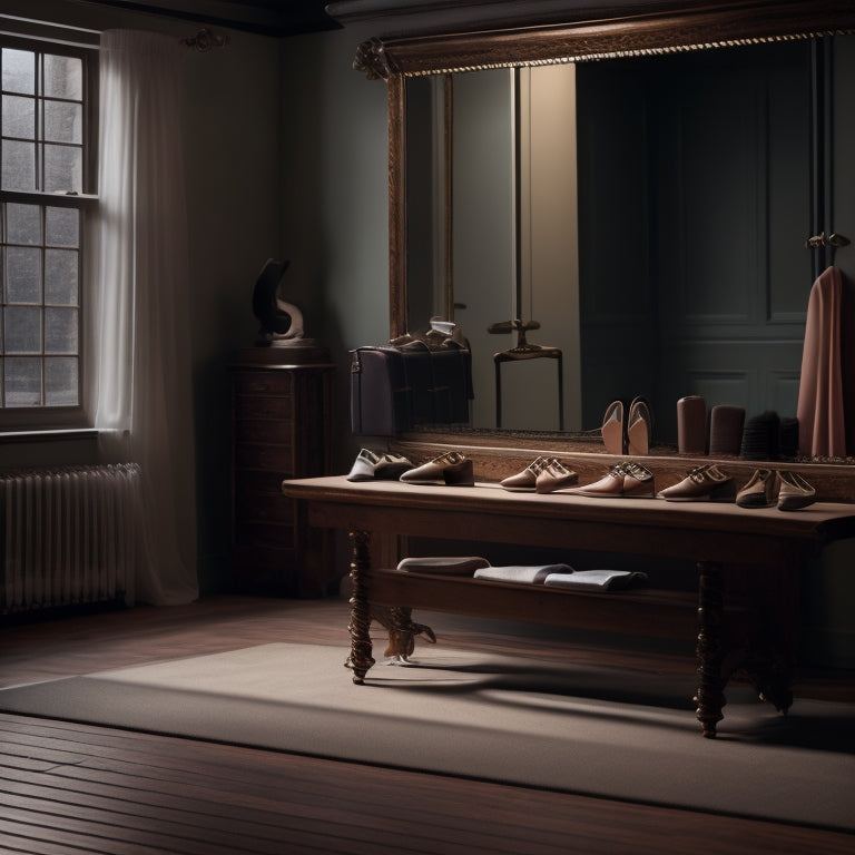 A serene, dimly lit dance studio with a wooden floor, mirrored walls, and a ballet barre; a few scattered dance shoes, towels, and a worn-out study guide on a bench in the corner.