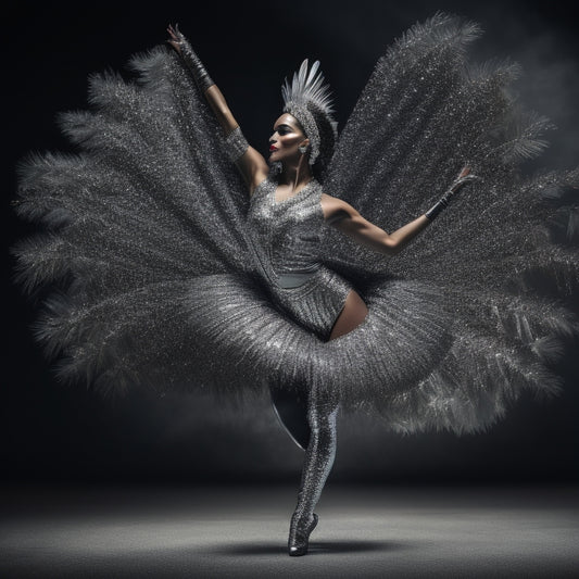 Generate an image of a dancer on stage wearing a shimmering silver and black costume with sequins and feathers, with dramatic lighting and a bold, dynamic pose.