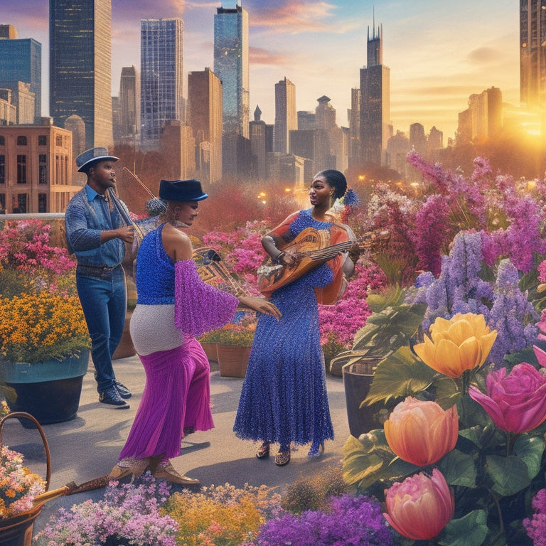 An illustration of a vibrant Chicago cityscape at sunset, featuring a diverse group of artists painting, dancing, and playing instruments, surrounded by blooming flowers and artistic murals.