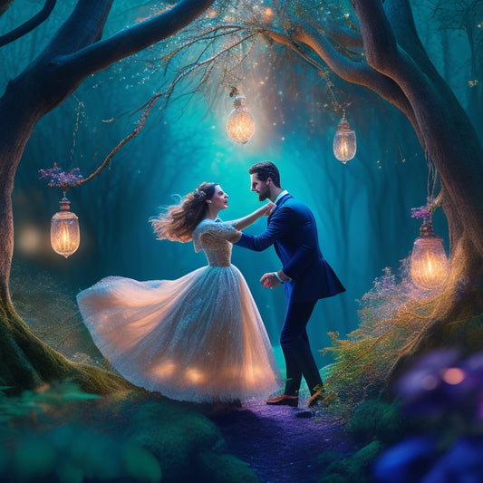 A whimsical illustration of Audrey and James dancing in a mystical forest, surrounded by swirling vines, glowing fireflies, and shimmering moonlight, with soft, pastel hues and delicate lines.