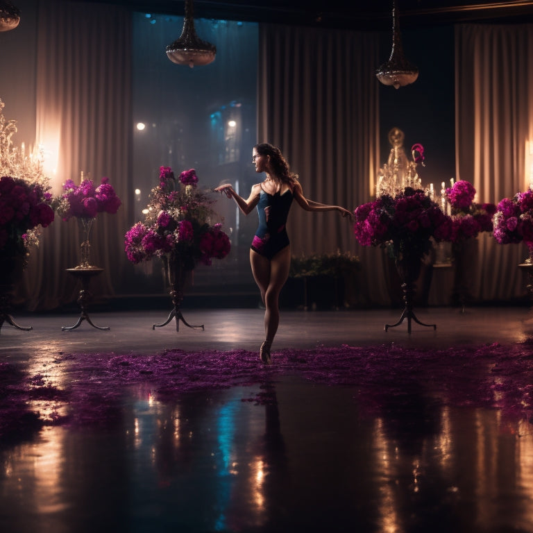 A sultry, dimly lit dance studio with a lone, fit, and toned female figure in the center, surrounded by mirrors, dance poles, and scattered roses, with a subtle cityscape glow outside.