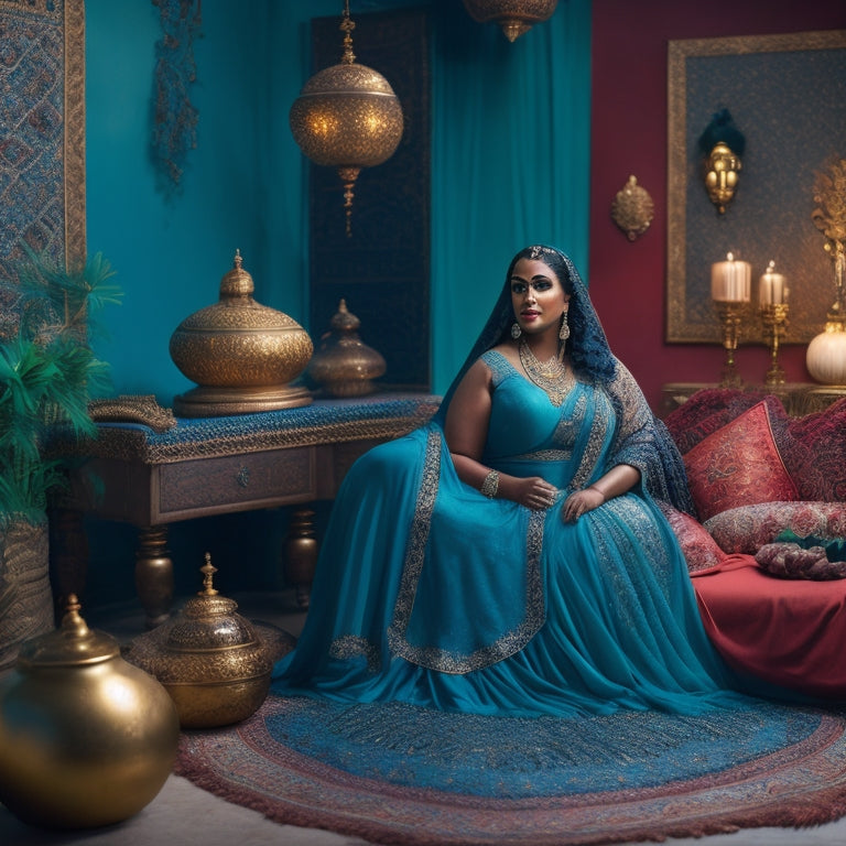 A serene, golden-lit studio with a beautiful, curvy woman in a flowing, crimson skirt, her hands adorned with intricate henna, dancing in front of a vibrant, turquoise backdrop, surrounded by Middle Eastern-inspired props.