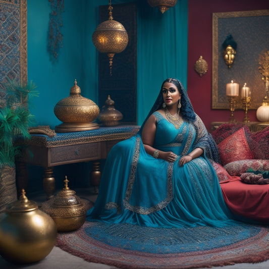 A serene, golden-lit studio with a beautiful, curvy woman in a flowing, crimson skirt, her hands adorned with intricate henna, dancing in front of a vibrant, turquoise backdrop, surrounded by Middle Eastern-inspired props.