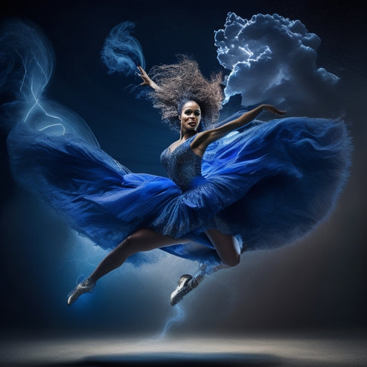 A swirling vortex of dark blues and grays, with flashes of lightning illuminating a dancer in mid-leap, arms outstretched, surrounded by musical notes and treble clefs.