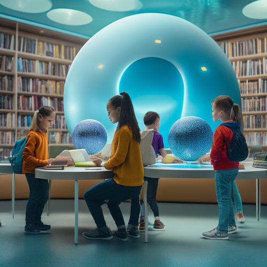 A vibrant, futuristic library with shelves upon shelves of glowing orbs, each containing a different educational subject, surrounded by diverse students of all ages engaging with various interactive learning tools.