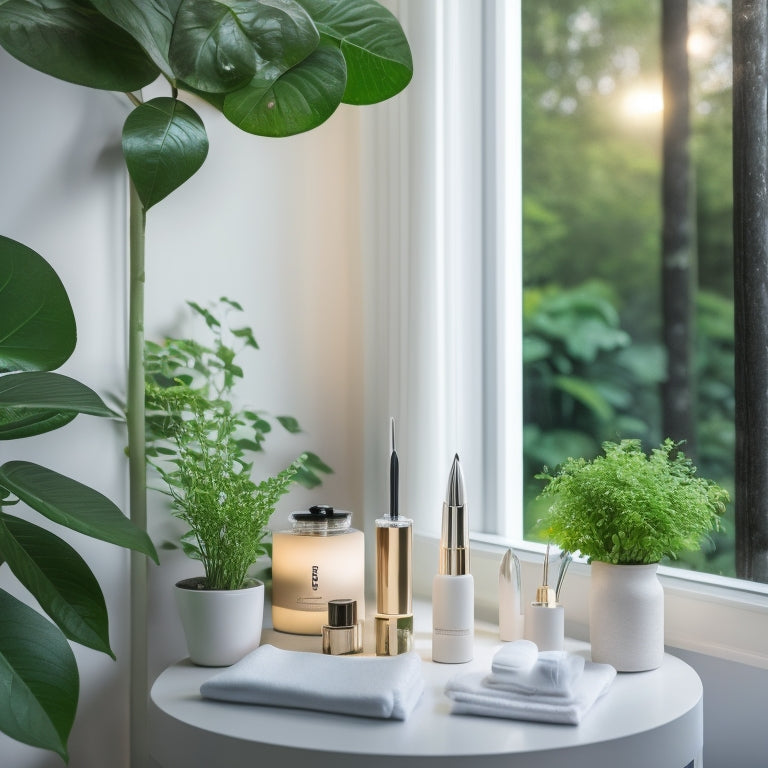 A serene, modern beauty room with a sleek, stainless steel dermaplaning tool and a few scattered, delicate skin cells, illuminated by soft, warm lighting, surrounded by lush greenery.