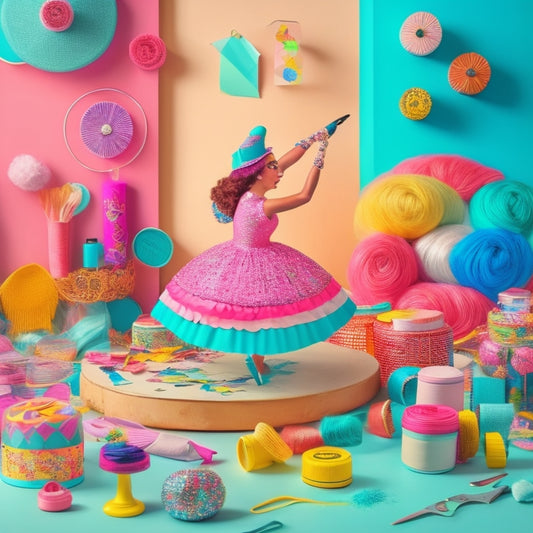 A whimsical illustration featuring a dancing aunt surrounded by colorful craft supplies, including scissors, glue, and paper, with a subtle sparkle effect and a soft, pastel color palette.