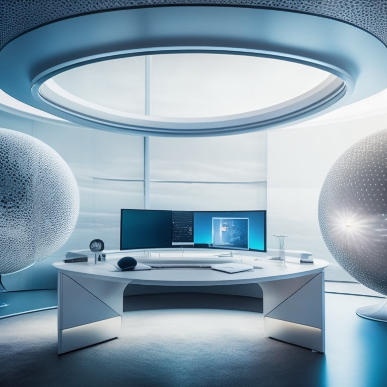 A futuristic, minimalist workspace with a sleek, silver desk, surrounded by floor-to-ceiling screens displaying vibrant, swirling digital patterns, and a single, glowing orb suspended above.