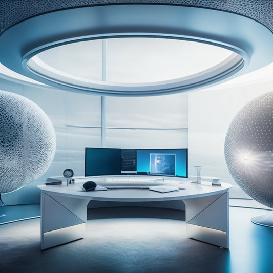 A futuristic, minimalist workspace with a sleek, silver desk, surrounded by floor-to-ceiling screens displaying vibrant, swirling digital patterns, and a single, glowing orb suspended above.