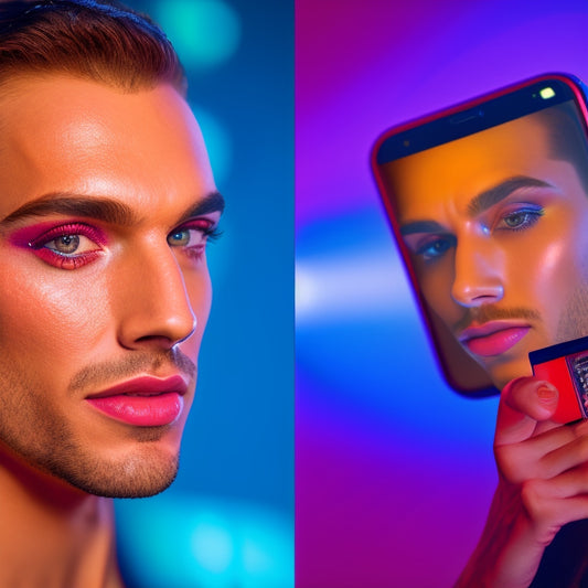 A split-screen image featuring a confident man with a bold, glittering makeup look on one side, and a smartphone with a dance tutorial video playing on the screen on the other side.